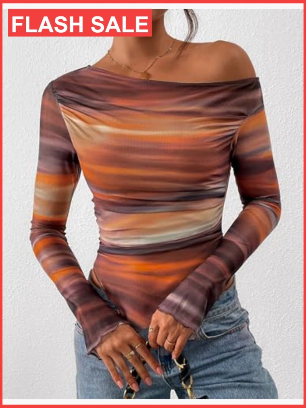 Slim Fit Off Shoulder Mesh Blouse Long Sleeve Asymmetrical Ruched Top - Picture 2 of 7